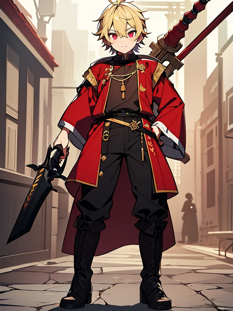 a young boy, childlike appearance, blond, with vibrant red eyes, he's low, a neutral expression, kinda lazy, wearing exotic clothes, having a gaucho style, kind of anime, being clothes a little bigger for his size, having big boots. He also has a large weapon of some sort that resembles a barbecue skewer., but you can be creative with this weapon, he also has firepower