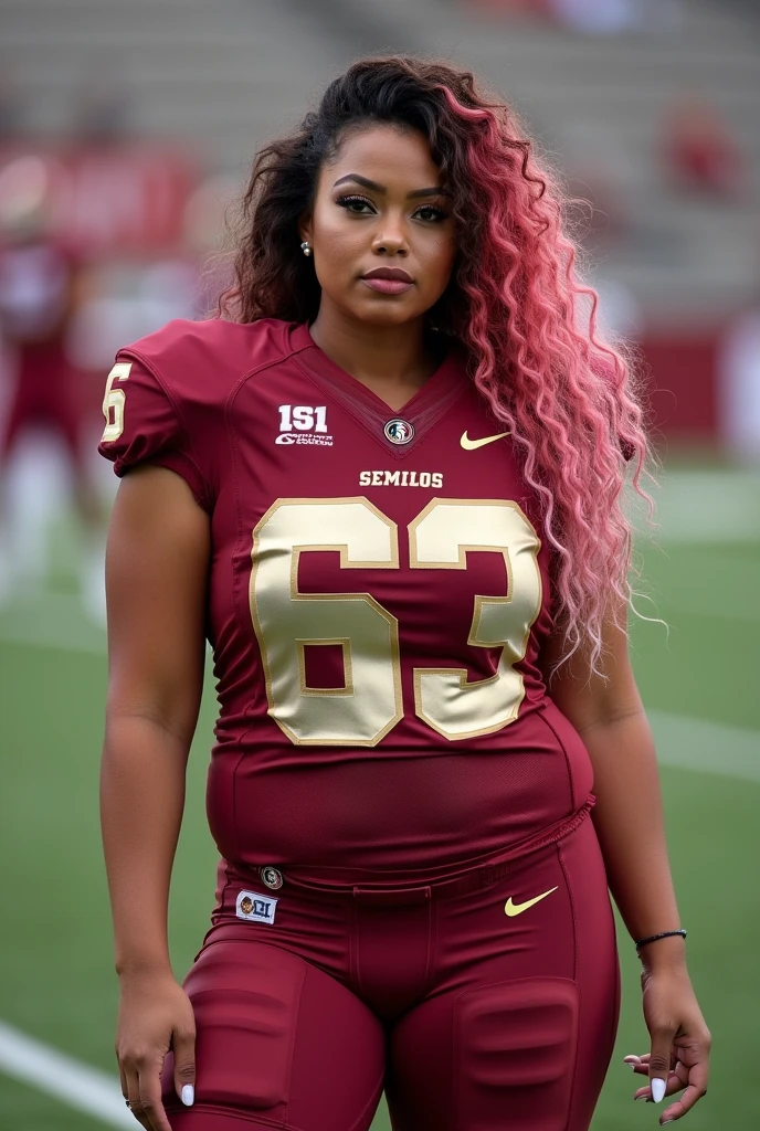 A photo of Sasha Strife, a quarterback for the female Florida State Seminoles football team. Number 63. Tall with large breasts and dyed hair off colors