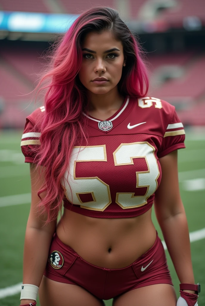 A photo of Sasha Strife, a quarterback for the female Florida State Seminoles football team. Number 63. Tall with large breasts and dyed hair off colors