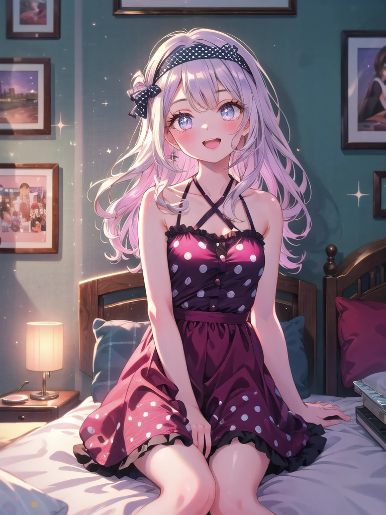 ((8k, Highest quality, masterpiece: 1.3)),Ultra-high resolution,(1 girl, alone), (Color changing eyes, Ultra-detailed, Expressive brilliance, Glitter, Glowing Eyes), Highly detailed eyes, Highly detailed face, Random Hair, ((pastel colour))A beaming young woman with pastel lavender hair styled into a half-up, half-down look, sitting cross-legged on her bed in her cozy bedroom during the late afternoon. She is dressed in a simple yet charming retro pin-up girl cosplay, wearing a polka dot dress with a halter neckline, and a matching headband. The camera captures her from a frontal angle as she laughs joyfully, her expression full of warmth and happiness. The room is warmly lit by the golden hour sunlight, with vintage posters on the wall, a small radio on the bedside table, and a few cushions scattered around, creating a nostalgic and cheerful atmosphere.

