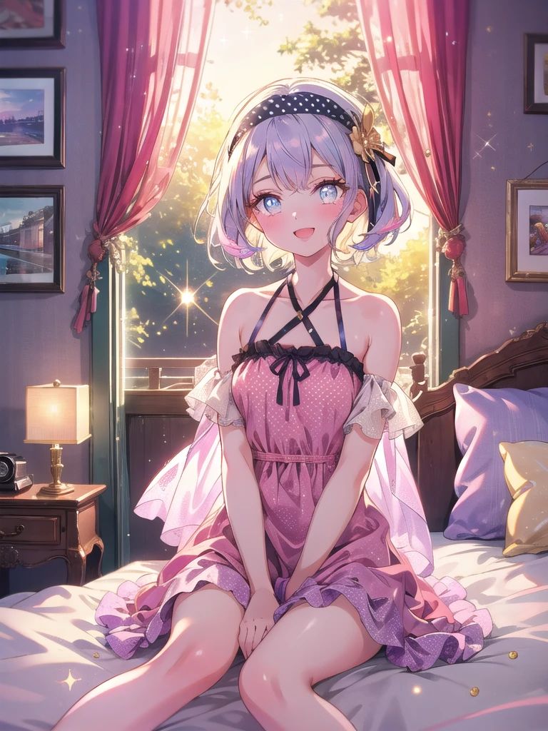 ((8k, Highest quality, masterpiece: 1.3)),Ultra-high resolution,(1 girl, alone), (Color changing eyes, Ultra-detailed, Expressive brilliance, Glitter, Glowing Eyes), Highly detailed eyes, Highly detailed face, Random Hair, ((pastel colour))A beaming young woman with pastel lavender hair styled into a half-up, half-down look, sitting cross-legged on her bed in her cozy bedroom during the late afternoon. She is dressed in a simple yet charming retro pin-up girl cosplay, wearing a polka dot dress with a halter neckline, and a matching headband. The camera captures her from a frontal angle as she laughs joyfully, her expression full of warmth and happiness. The room is warmly lit by the golden hour sunlight, with vintage posters on the wall, a small radio on the bedside table, and a few cushions scattered around, creating a nostalgic and cheerful atmosphere.