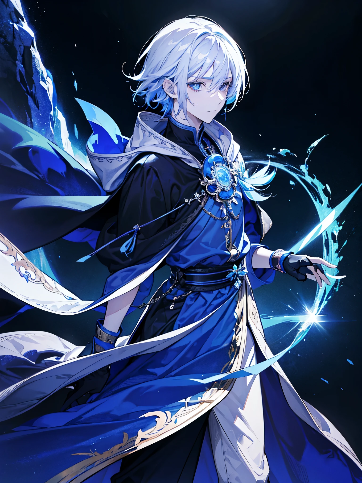 Sorcerer Divine Soul man, he has a silver hair and blue eyes, he wear a hood and wear gloves.