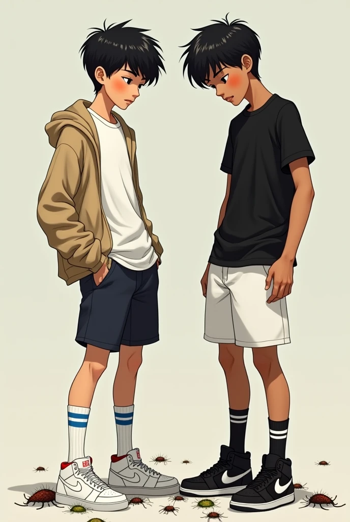 2 handsome asian male teenagers with tall and slim bodies and black hair. 1st asian wears a white t shirt with a beige cardigan, long white socks with 2 blue stripes on it, and white air force ones. 2nd wears a black t shirt, white shorts, long black socks with 2 white stripes, and air jordans. Both are stomping and crushing bugs 