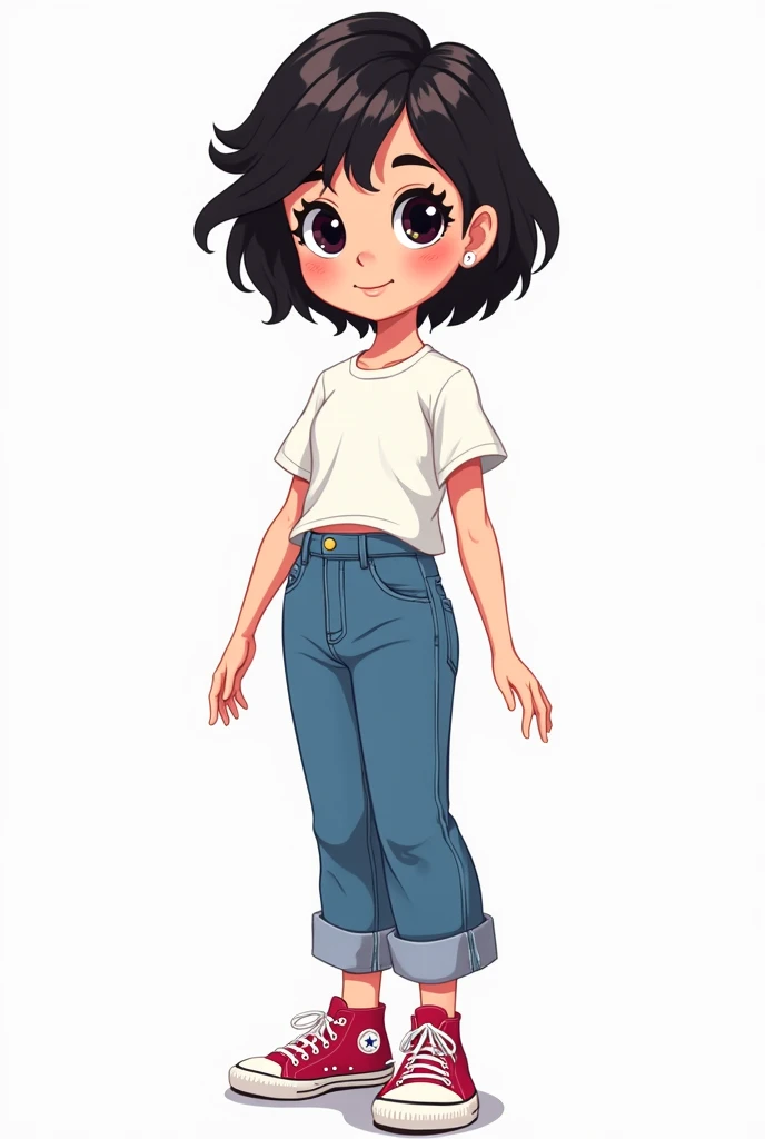 2d cartoon, woman, very short black hair,  black round eyes, wearing a white t-shirt without a print, jeans and all star sneakers. Transparent image background