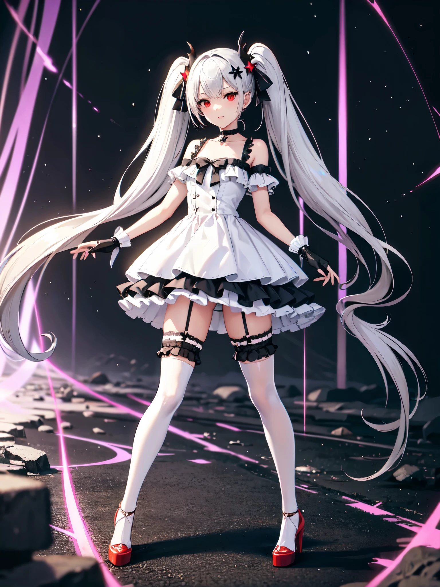 jfrsd, twintails, sidelocks, star hair ornament, twintails, sidelocks, star hair ornament, ring hair ornament, fake horns, choker, frills, white dress, black panties, fingerless black gloves, white thighhighs, silver hair, full body shot, stockings, smug, red eyes, outdoors, standing on the ground, legs visible, high heels,