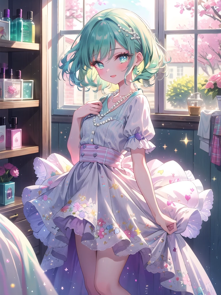 ((8k, Highest quality, masterpiece: 1.3)),Ultra-high resolution,(1 girl, alone), (Color changing eyes, Ultra-detailed, Expressive brilliance, Glitter, Glowing Eyes), Highly detailed eyes, Highly detailed face, Random Hair, ((pastel colour)),A joyful young woman with pastel mint-green hair styled into bouncy curls, standing by her closet in her softly lit bedroom during a bright afternoon. She is dressed in a cute yet subtly sexy 1950s housewife cosplay, wearing a knee-length floral dress with a fitted waist and a simple pearl necklace. The camera captures her from a side angle as she cheerfully picks out an outfit, her expression lively and content. The room is filled with warm, natural light, with neatly organized clothes, a small vanity with various cosmetics, and a cheerful, pastel color scheme creating an inviting and vibrant atmosphere.

