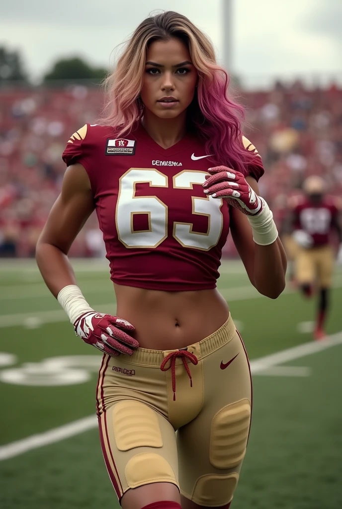 A photo of Sasha Strife, a quarterback for the female Florida State Seminoles football team. Number 63. Tall with large breasts and dyed hair off colors