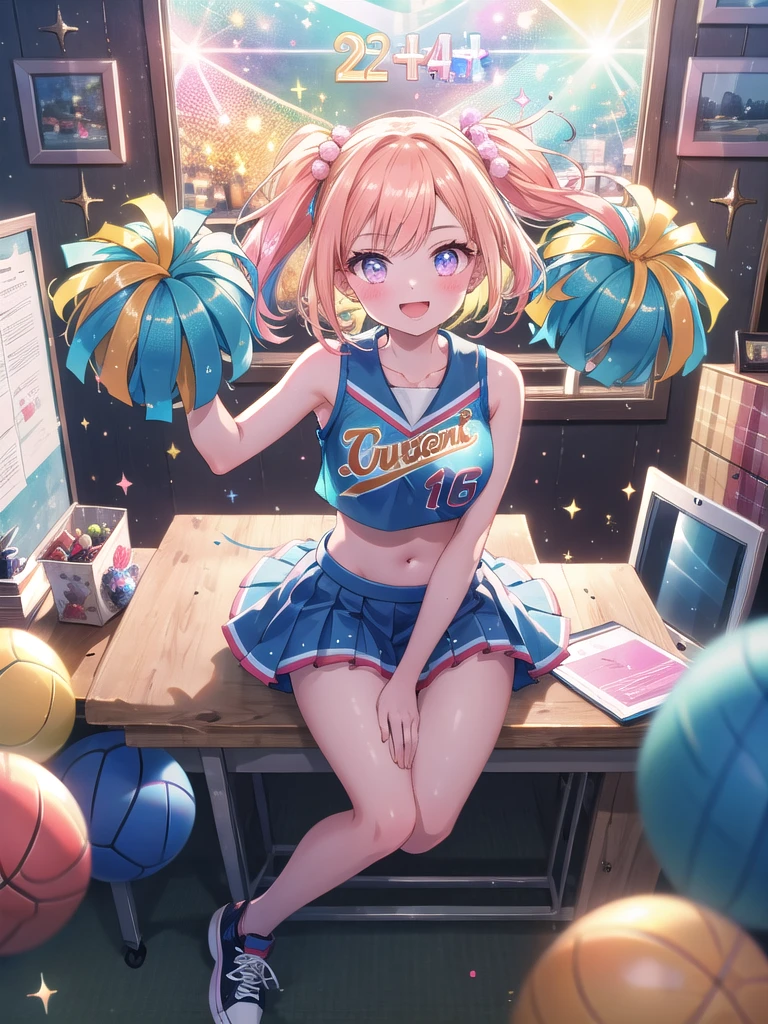 ((8k, Highest quality, masterpiece: 1.3)),Ultra-high resolution,(1 girl, alone), (Color changing eyes, Ultra-detailed, Expressive brilliance, Glitter, Glowing Eyes), Highly detailed eyes, Highly detailed face, Random Hair, ((pastel colour)),A lively young woman with pastel peach-colored hair styled into a playful bob, sitting at her desk in her brightly lit bedroom during a sunny afternoon. She is dressed in a fun and subtly alluring sports cheerleader cosplay, wearing a pleated skirt, a crop top, and matching sneakers. The camera captures her from an overhead angle as she looks up with a radiant smile, her expression full of energy and enthusiasm. The room is filled with natural light, with a few sports-themed decorations, a pom-pom resting on the desk, and a motivational poster on the wall, creating a dynamic and uplifting atmosphere.