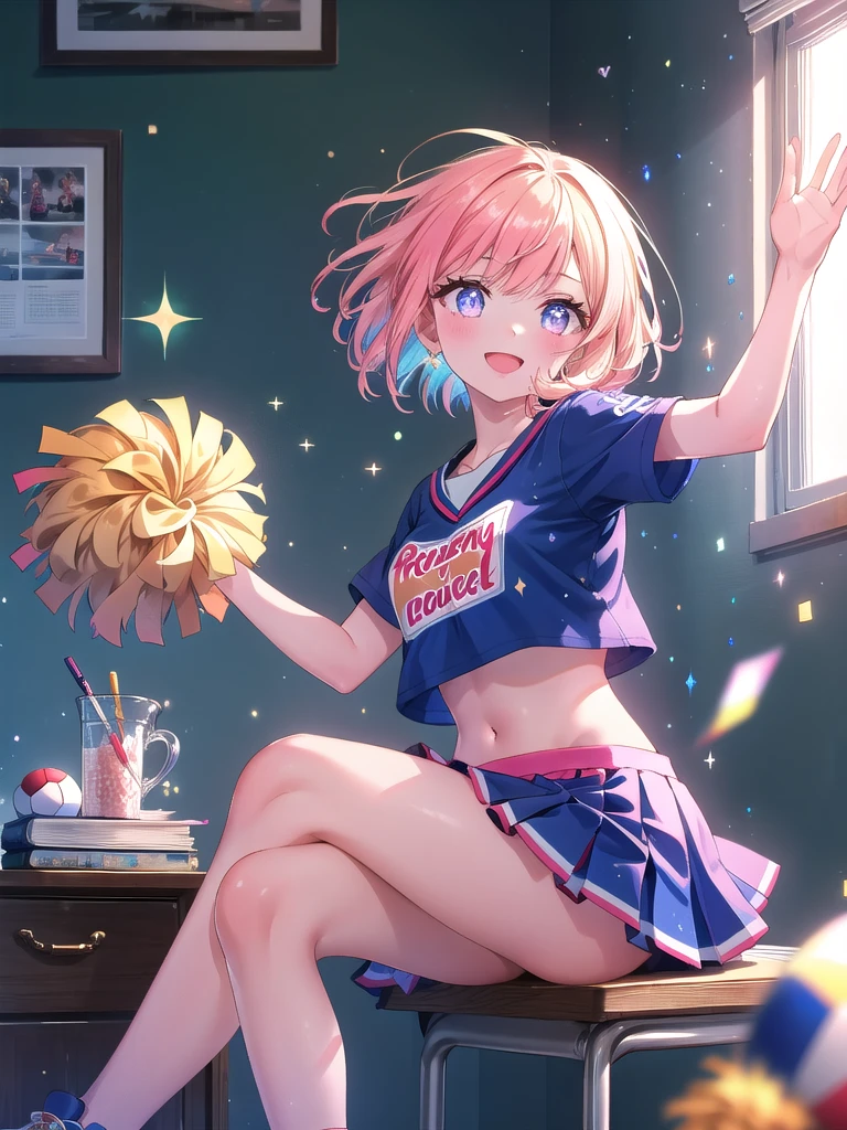 ((8k, Highest quality, masterpiece: 1.3)),Ultra-high resolution,(1 girl, alone), (Color changing eyes, Ultra-detailed, Expressive brilliance, Glitter, Glowing Eyes), Highly detailed eyes, Highly detailed face, Random Hair, ((pastel colour)),A lively young woman with pastel peach-colored hair styled into a playful bob, sitting at her desk in her brightly lit bedroom during a sunny afternoon. She is dressed in a fun and subtly alluring sports cheerleader cosplay, wearing a pleated skirt, a crop top, and matching sneakers. The camera captures her from an overhead angle as she looks up with a radiant smile, her expression full of energy and enthusiasm. The room is filled with natural light, with a few sports-themed decorations, a pom-pom resting on the desk, and a motivational poster on the wall, creating a dynamic and uplifting atmosphere.