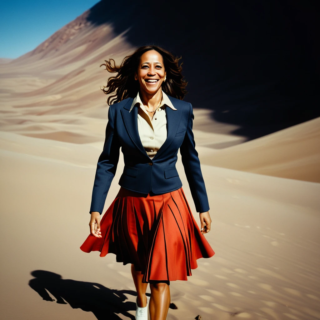 85mm photograph of a Shy, Compassionate, kind, empathic, happy, long haired, beautiful and attractive woman, Sapphic Space Lesbian Kamala Harris is commanding spaceships, exploring space, investigating anomalies, doing scientific R&D, attending council meetings, conducting espionage, conducting archeological excavations, investigating astral rifts, wearing her (long pleated full circle skirt), uniform jacket and (woman's low heel office shoes), (pronounced (feminine) features), (very windy), skirt is flowing wildly in the wind, lesbian space station, sci-fi, skirts in space, loves women wearing skirts, wants to kiss girls, loves skirts, women wearing skirts, loves skirts, empathy, compassion, romance and love, (pronounced (girly) features), (highly detailed ultra accurate realistic) hands and fingers, (windy), epic composition, highly detailed attributes, (35mm f1.4 Kodak portra 400 photograph), extremely high quality RAW photograph, highly detailed atmosphere, sci-fi, cinematic shot, dynamic lighting, 75mm, Technicolor, Panavision, cinemascope, sharp focus, fine details, 8k, HDR, realism, realistic, key visual, film still, superb cinematic color grading, depth of field 