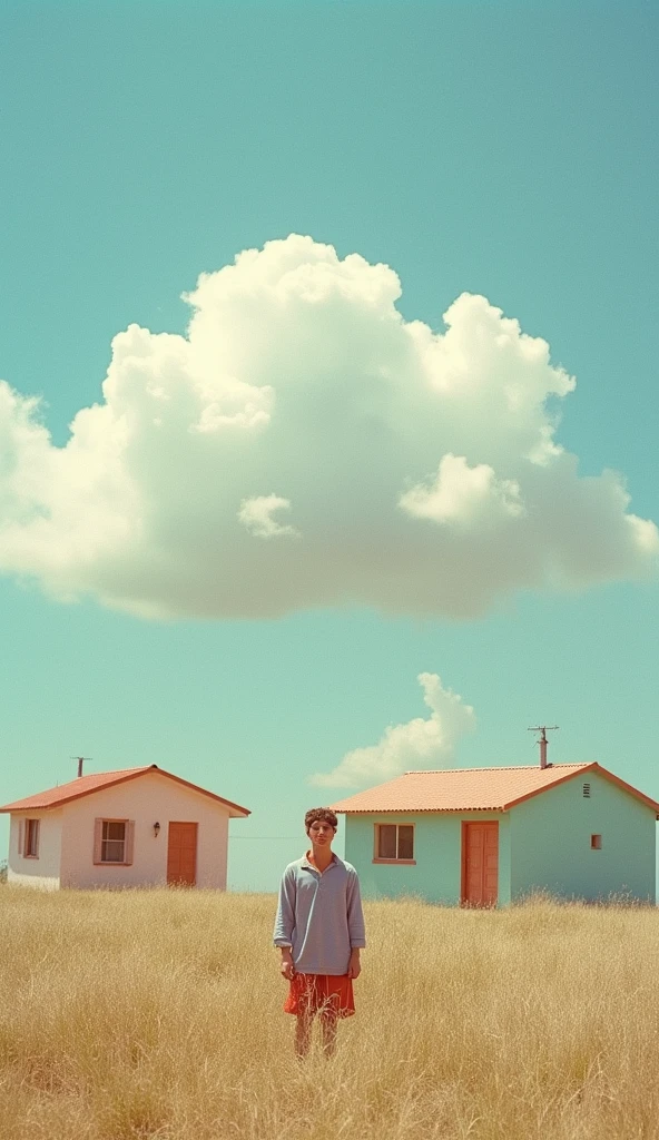 houses, pastel colors, cotton clouds above, surreal atmosphere, raw photo, weird looking human figure, 35mm