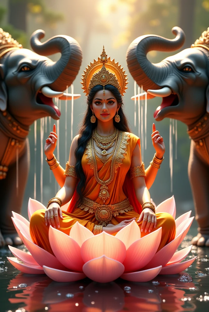 Goddess laxmi sitting on lotus having elephants on her both side and showering water on her