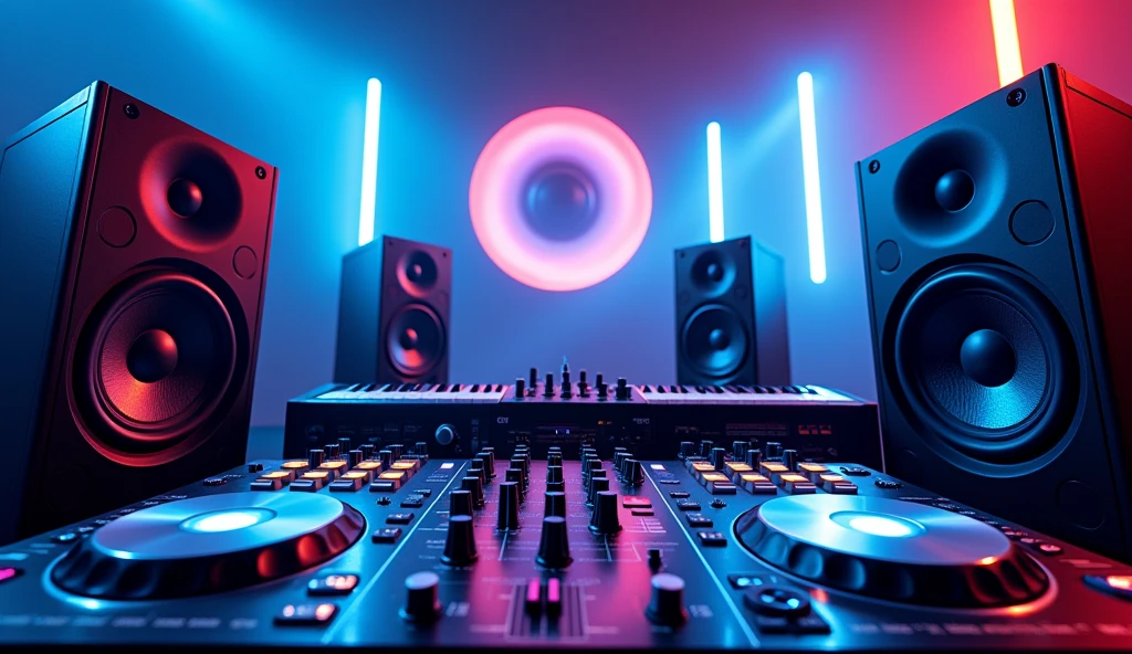 poster with large speakers and musical equipment in the background, neon blue color scheme, big text "DJ CAHAYA MUSIC" in the top left corner, large sound waves coming from speakers, black white yellow green orange purple pink red palette, in the style of photorealistic, in the style of hyper realistic. 30locent disco", background of huge speakers, keyboard and audio equipment in the foreground, neon lights, vector graphics, bright colors, neon blue light effect, musical theme, logo for DJ club "Girlz tasting techno". Vector illustration. A poster with a big sound system, dj music festival flyer or party flyer template design, in the style of ultra realistic photography