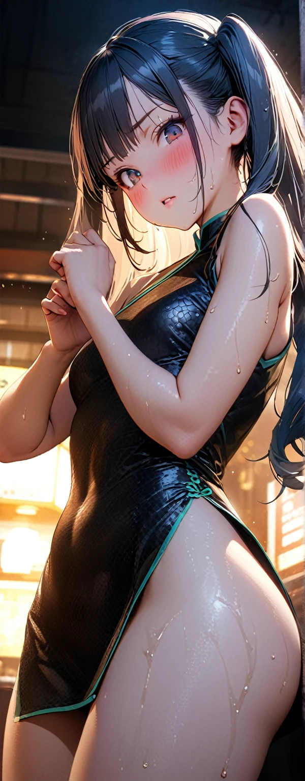 Twin tails、Highly detailed black cheongsam, Looks about , (beautiful girl: 1.3),Highest quality,8k,Highly detailed CG unit wallpaper,masterpiece:1.2,top-quality,Ultra-high resolution,RAW Photos,real texture skin,Cinema Lighting,Embarrassing,blush, vapor,Wet,Sweat,Moist eyes,weak,Huge buildings,metropolis,The girl is a delivery girl who delivers Chinese food to customers.,,Steam from cooking,,,Big, round, beautifully shaped butt,,((Booty pose)),(from below:1.3),(looking down, watching at Viewer:1.3)