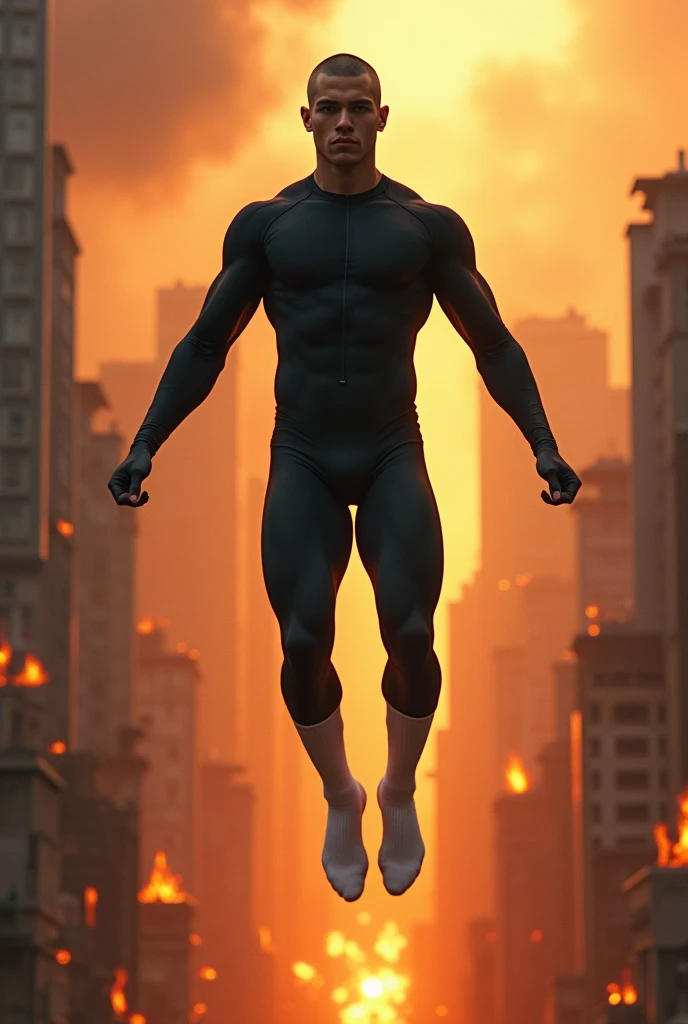 A hairless white guy in his early 20s with glasses wearing a black spandex suit that shows off a great muscular build with very muscular arms and super muscular legs., that they look aesthetic and proportionate and that these in turn are covered by extra long white soccer socks that reach up to the thighs.
This boy will also have a bulge that highlights his private parts..
The boy will be levitating against the background of a burning city.