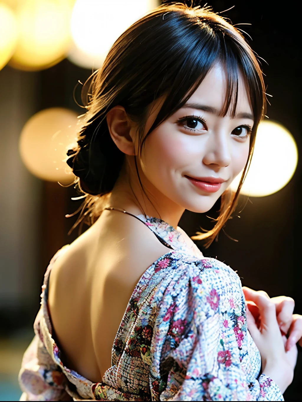 (masterpiece, Highest quality:1.4), Beautiful Face, 8k, 85mm, Floral Yukata:1.4), Beautiful woman looking back、Beautiful nape、Delicate girl, alone, night, View your viewers, Upper Body, Film Grain, chromatic aberration, Sharp focus, Face Light, Professional Lighting, Sophisticated, (smile:0.4), ( background, bokeh background:1.2), Detailed aspect