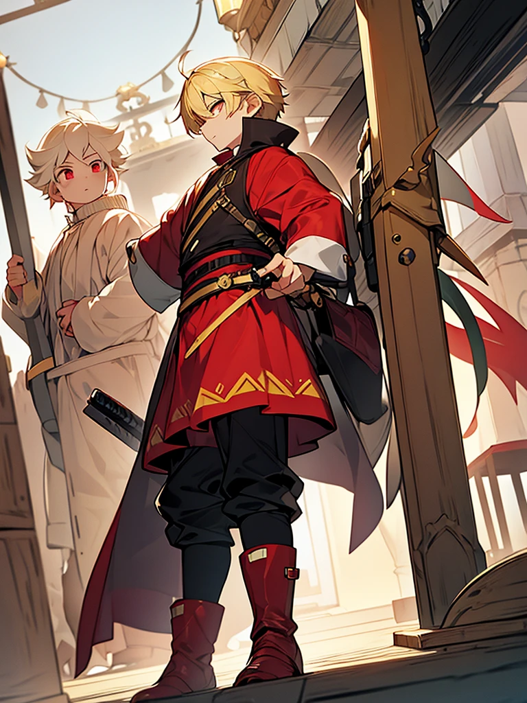 a young boy, childlike appearance, blond, with vibrant red eyes, he's low, a neutral expression, kinda lazy, wearing exotic clothes, having a gaucho style, kind of anime, being clothes a little bigger for his size, having big boots. He also has a large weapon of some sort that resembles a barbecue skewer., but you can be creative with this weapon, he also has firepower