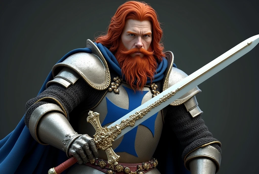 side view, action pose, 12th century, One of the Knights of Order of the Hospital of St. John, (French man, 20 age-old, red hair, long hair, beard, mustache, serious),Cover the whole body in armor, He has a double-edged sword in both hands, (one Crusader sword), The handle is cross-shaped, It is decorated, ((He wears a blue cloak with (a blue Malta cross on his chest)), Accurate, ((Anatomically correct,Surrealism, UHD, retina, accurate, anatomically correct, textured skin, super detail, high details, best quality, 8K))