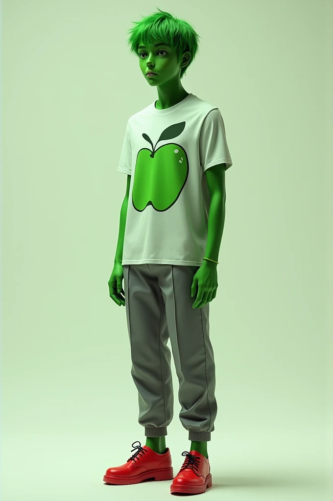 Male character with green hair, green skin tone, t-shirt with green apple print, short hair, gray pants and red Torajo shoes