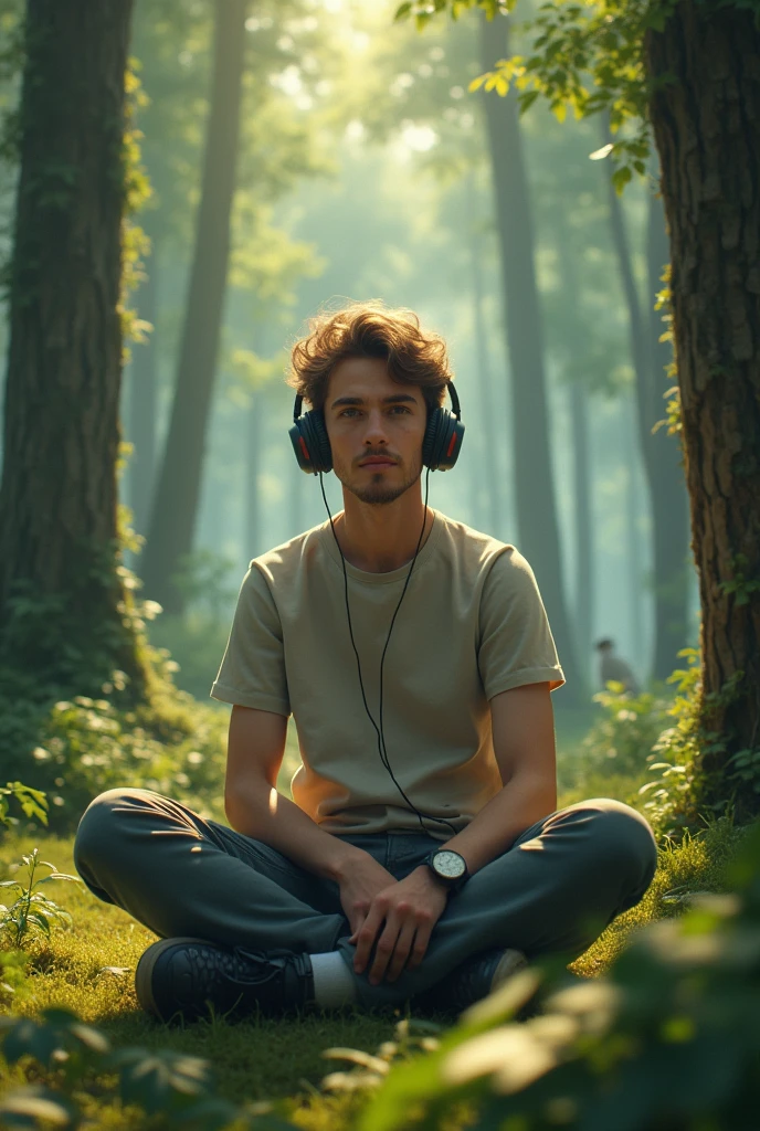 A 25 year old boy is sitting in the forest and he is Listening a song with useing headphone