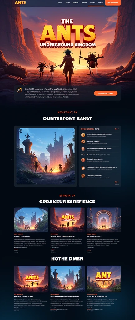 Generate an official website for gaming enterprise brand，reference：dribbble，Behance and other avant-garde web design creativity，Banner picture game font says：The Ants: Underground Kingdom The World's First Ant Strategy Games，Gaming websites，strategy game，Sandbox game style，