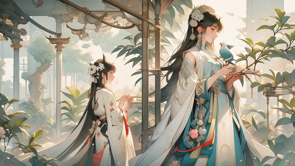 night，A vast expanse of silvery sand amidst the laurel trees，A beautiful and charming woman wearing gorgeous white ancient Chinese costume，Black long hair，Charming black eyes，Standing，and a white furry rabbit wearing blue ancient clothes，Rabbit carrying bamboo backpack，Standing，Surrounded by laurel trees，The sky is deep blue，Night Sky，