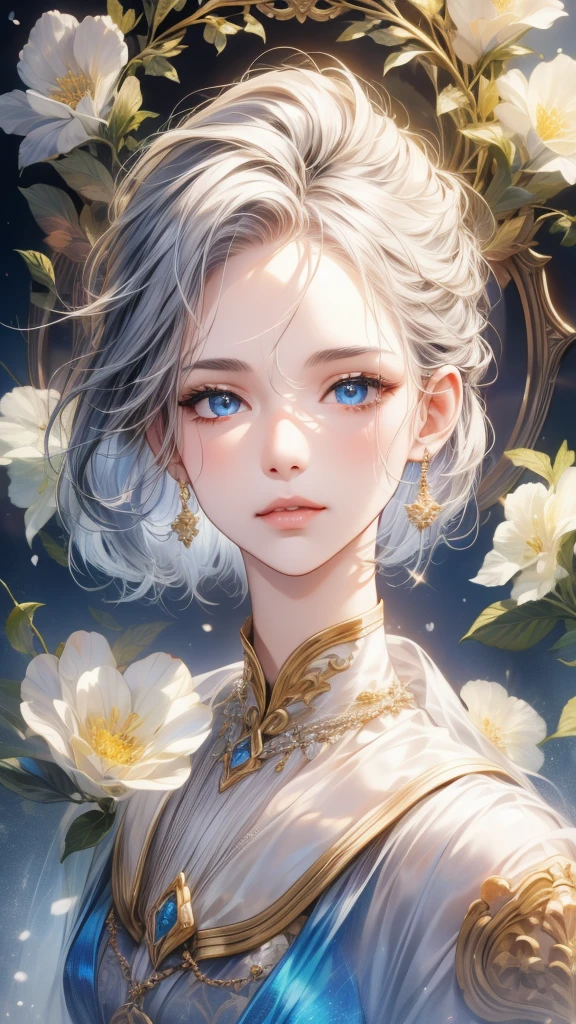 (a girl and) Silver Hair, (a) Close-up portrait, (and) White skin, (and) Symmetrical eyes, (and) Exquisite eyes, (and) Sparkling sky blue eyes, (Wear) Gold hair accessories, (be opposed to) Mosaic pattern background, (Light Up) spotlight, (and) High contrast, (feature) Striking shadows, (and) Detailed shadows, (create) A perfect work of art, masterpiece, (and) Top quality, (exhibit) High image resolution