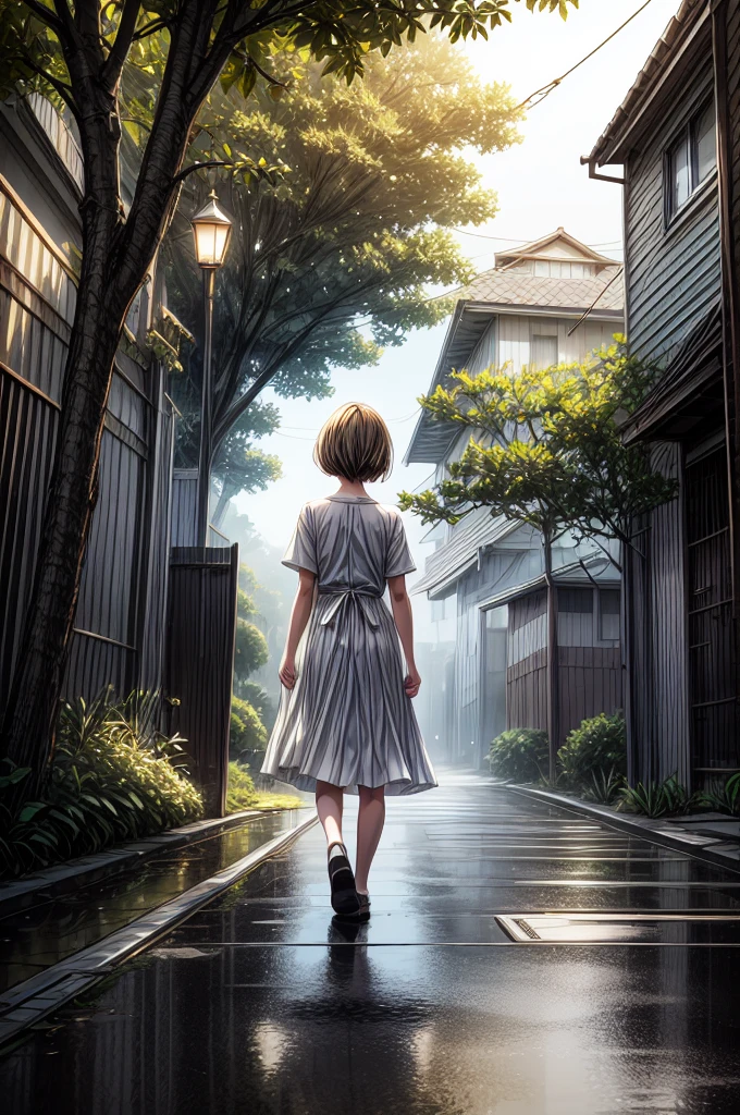 In a quiet, suburban street drenched in the soft afterglow of a recent rain, the camera is positioned at a low angle, capturing the scene from behind a young girl as she walks down the pathway. The shot is framed to emphasize the ethereal atmosphere created by the interplay of light and shadow. The girl's silhouette is central to the composition, bathed in warm sunlight filtering through the overhanging trees, which create a natural canopy above her.The scene is filled with a soft, golden hue, where the sunlight pierces through the dense leaves, casting dappled patterns on the wet pavement. Tiny droplets of water, suspended in mid-air, catch the light, appearing like glistening fireflies around the girl. Her posture is relaxed, her arms slightly swinging as she walks, her simple white dress swaying with her movements. The light breeze gently tousles her short hair, adding to the sense of serenity.Reflections of the girl and the surrounding greenery can be seen in the shallow puddles that still linger on the ground, enhancing the dreamy, almost surreal quality of the scene. In the background, out of focus, the urban elements of street poles and distant buildings are subtly suggested, hinting at the quiet neighborhood setting. The overall composition conveys a peaceful, nostalgic moment, capturing the fleeting beauty of a calm afternoon walk after the rain. UHD, 4K, HIGH QUALITY, QUALITY,