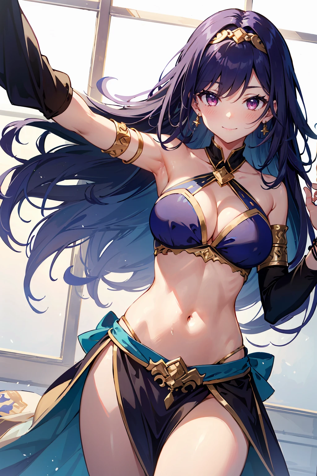 1girl, belly dancer, white background, red eyes, long hair, purple hair, harem outfit, bikini, pelvic curtain, purple costume, circlet, earrings, armlets, bracelets, bashful smile, dancing, large breasts, cleavage, soft stomach