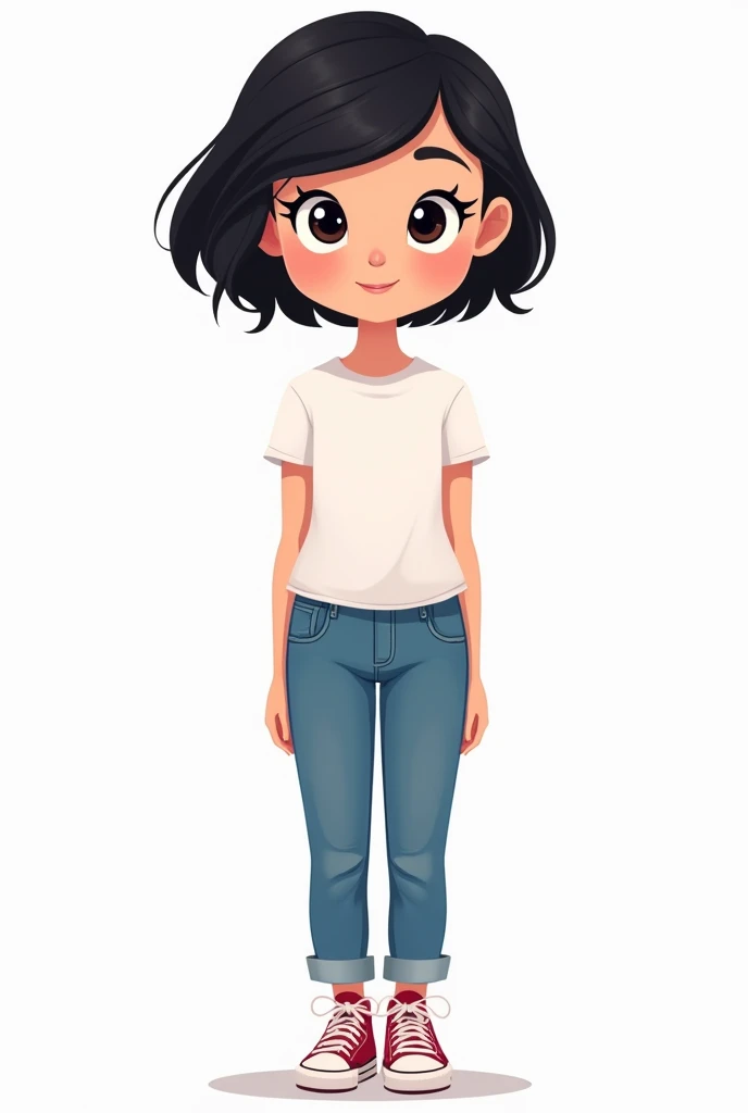 2d cartoon, woman, very short black hair, black round eyes, wearing a white t-shirt without a print, jeans and all star sneakers. Transparent image background