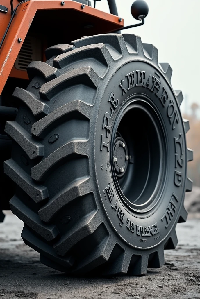 The company logo "TIRE TECHNICAL EXPERT" printed on the side of the tire of a large heavy equipment