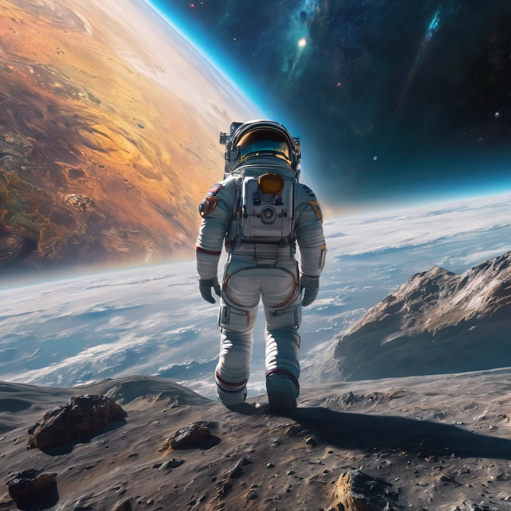 (Highest quality,4K,8k,High resolution,masterpiece:1.2),Very detailed,(Realistic,photoRealistic,photo-Realistic:1.37),sf,Vast Universe,Otherworldly grandeur,Dramatic lighting,Vibrant colors, astronaut