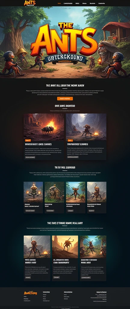 Generate an official website for gaming enterprise brand，reference：dribbble，Behance and other avant-garde web design creativity，Banner picture game font says：The Ants: Underground Kingdom The World's First Ant Strategy Games，Gaming websites，strategy game，Sandbox game style，Realistic style，3DRealistic style