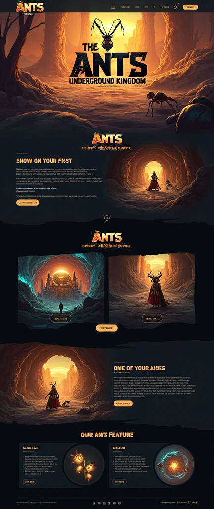 Generate an official website for gaming enterprise brand,reference:dribbble,Behance and other avant-garde web design creativity,Banner picture game font says:The Ants: Underground Kingdom The World's First Ant Strategy Games,Gaming websites,strategy game,Sandbox game style,Realistic style,3DRealistic style