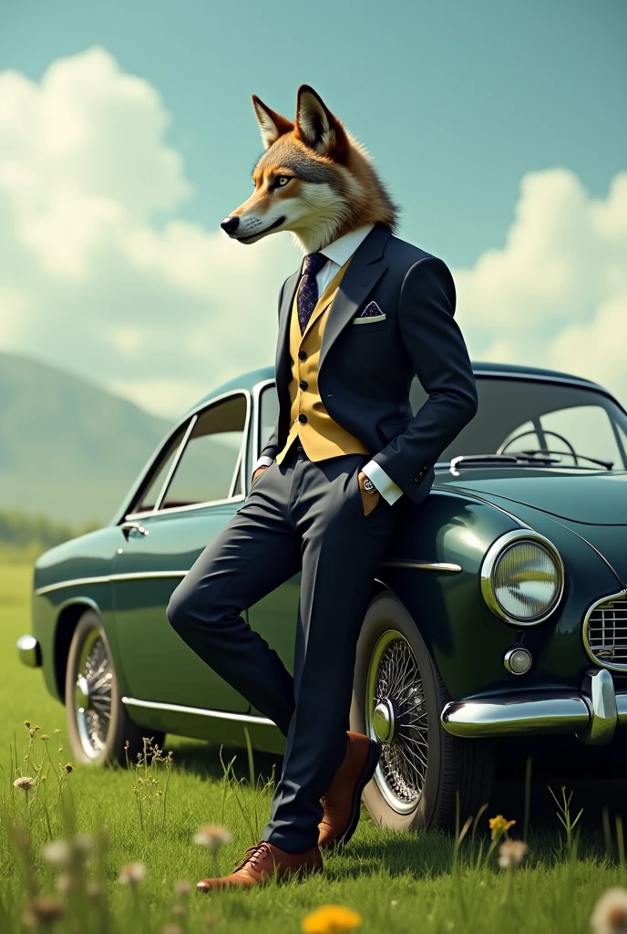 Make a oc of wolf face and dog body creature wearing formal clothes. Leaning to a car in a grassfield