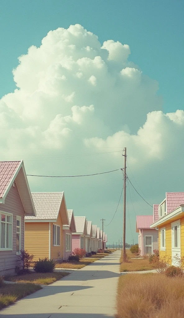 houses, pastel colors, cotton clouds above, surreal atmosphere, raw photo, weird looking alien, 35mm