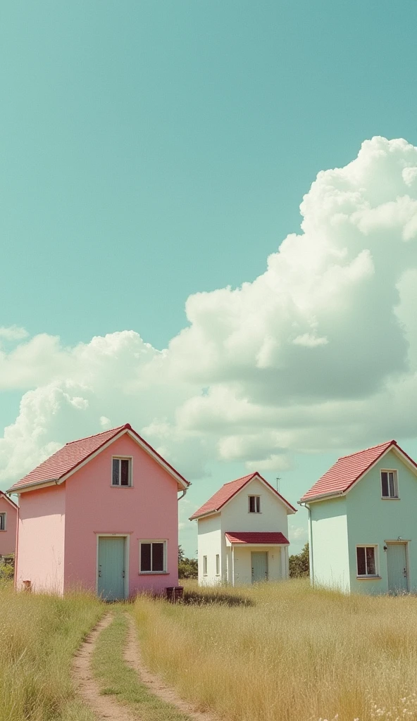 houses, pastel colors, cotton clouds above, surreal atmosphere, raw photo, weird looking alien, 35mm