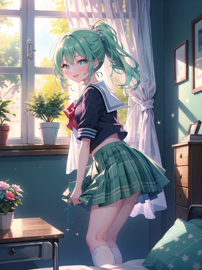 ((8k, Highest quality, masterpiece: 1.3)),Ultra-high resolution,(1 girl, alone), (Color changing eyes, Ultra-detailed, Expressive brilliance, Glitter, Glowing Eyes), Highly detailed eyes, Highly detailed face, Random Hair, ((pastel colour)),A joyful young woman with pastel mint-green hair styled into a high ponytail, standing by her window in her brightly lit bedroom during a sunny afternoon. She is dressed in a cute yet subtly sexy sailor uniform cosplay, wearing a pleated skirt, a sailor collar top, and knee-high socks. The camera captures her from a side angle as she looks out the window with a bright smile, her expression full of excitement and happiness. The room is bathed in warm sunlight, with a small potted plant on the windowsill, a neatly made bed, and a few schoolbooks on the desk, creating a fresh and lively atmosphere.