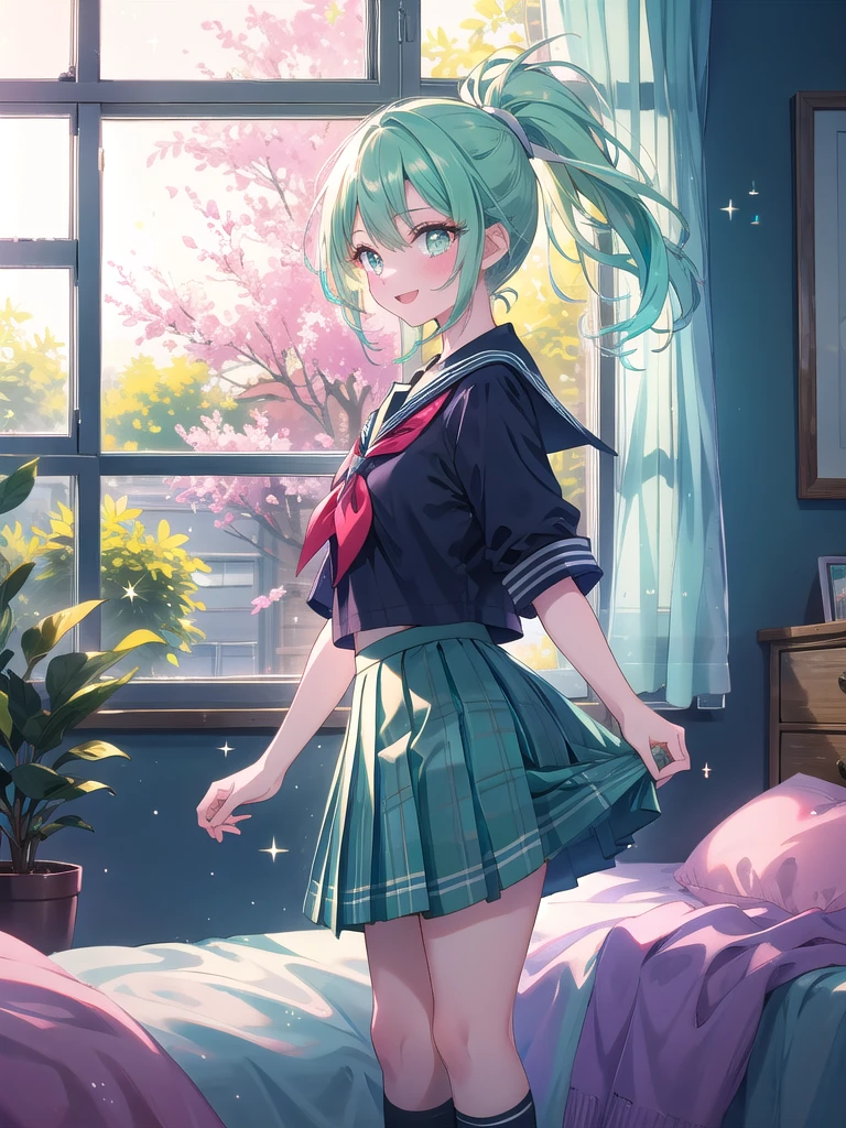 ((8k, Highest quality, masterpiece: 1.3)),Ultra-high resolution,(1 girl, alone), (Color changing eyes, Ultra-detailed, Expressive brilliance, Glitter, Glowing Eyes), Highly detailed eyes, Highly detailed face, Random Hair, ((pastel colour)),A joyful young woman with pastel mint-green hair styled into a high ponytail, standing by her window in her brightly lit bedroom during a sunny afternoon. She is dressed in a cute yet subtly sexy sailor uniform cosplay, wearing a pleated skirt, a sailor collar top, and knee-high socks. The camera captures her from a side angle as she looks out the window with a bright smile, her expression full of excitement and happiness. The room is bathed in warm sunlight, with a small potted plant on the windowsill, a neatly made bed, and a few schoolbooks on the desk, creating a fresh and lively atmosphere.