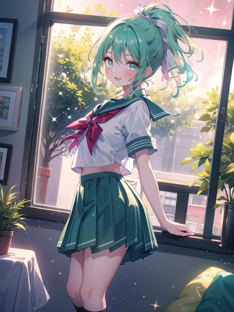 ((8k, Highest quality, masterpiece: 1.3)),Ultra-high resolution,(1 girl, alone), (Color changing eyes, Ultra-detailed, Expressive brilliance, Glitter, Glowing Eyes), Highly detailed eyes, Highly detailed face, Random Hair, ((pastel colour)),A joyful young woman with pastel mint-green hair styled into a high ponytail, standing by her window in her brightly lit bedroom during a sunny afternoon. She is dressed in a cute yet subtly sexy sailor uniform cosplay, wearing a pleated skirt, a sailor collar top, and knee-high socks. The camera captures her from a side angle as she looks out the window with a bright smile, her expression full of excitement and happiness. The room is bathed in warm sunlight, with a small potted plant on the windowsill, a neatly made bed, and a few schoolbooks on the desk, creating a fresh and lively atmosphere.
