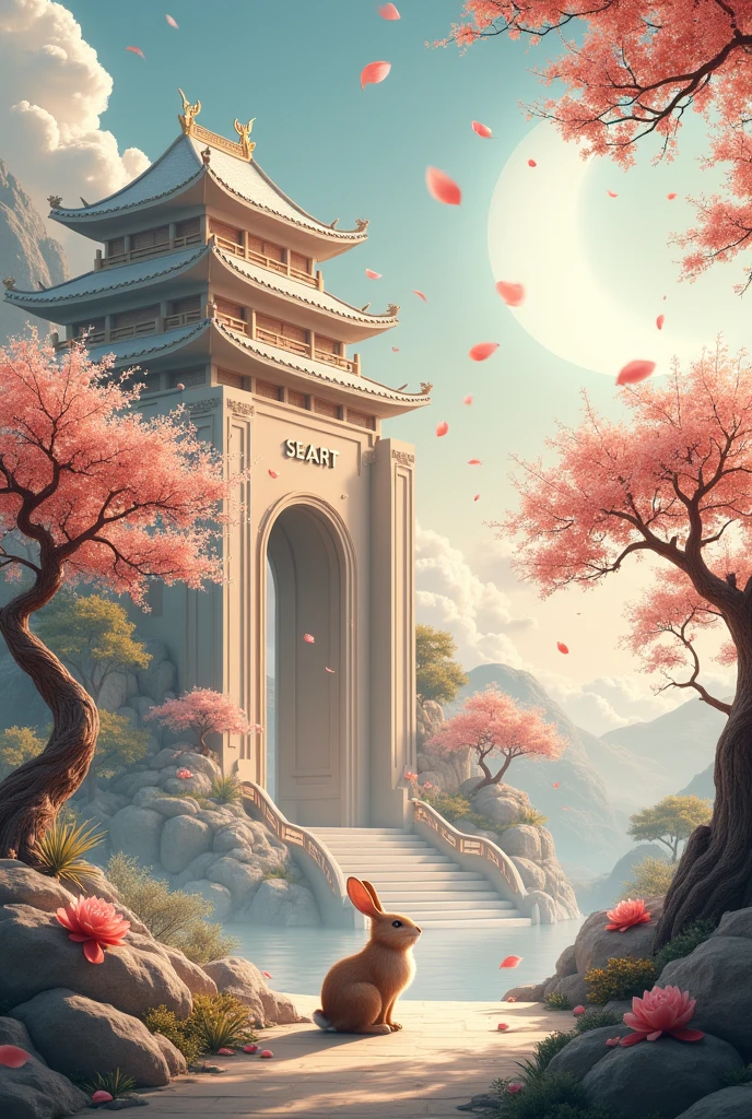 Moon Palace,Jade Rabbit,Cinnamon Tree,((Osmanthus flowers flying,petal)),Chinese style,((The building says"SEAART"))