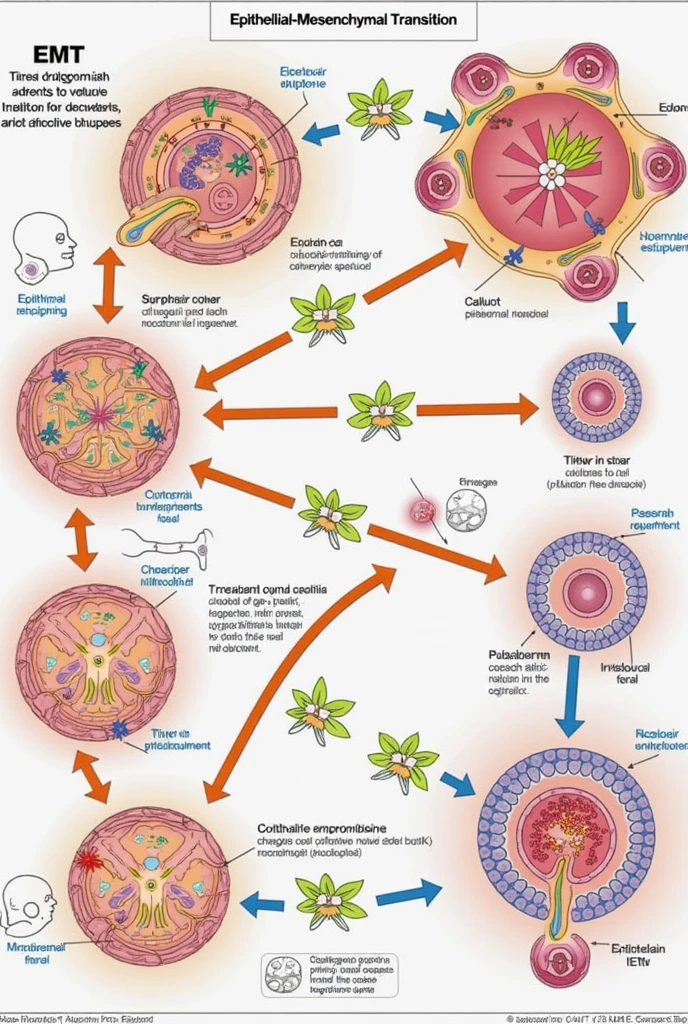 Create a drawing that explains the epithelial-mesenchymal transition and indicates which events must occur for this process to take place academically and with which parts highlighted.
