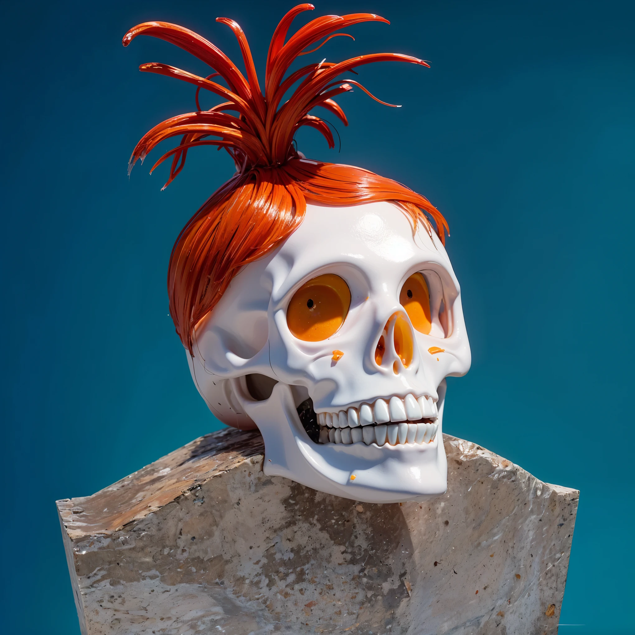 stone tombstone stone tombstone stone tombstone stone tombstone stone tombstone stone tombstone This image presents a striking and humorous juxtaposition—a human skull adorned with vibrant, fiery orange hair that erupts from the top of the cranium in wild, spiky tufts. The skull itself is meticulously detailed, showing the hollow eye sockets, nasal cavity, and a full set of teeth in a closed-mouth grin. The stark white of the skull contrasts vividly against a solid blue background, enhancing the visual impact of the orange hair. This surreal representation combines elements of the macabre with a playful twist, creating a visually intriguing and slightly whimsical piece.The purple background complements the costume, creating a vibrant and engaging scene. (glossy plastic texture with multiple big light probe refractions), perfect cgi, smooth silhouette, high intensity refraction, (super glossy plastic material), most beautiful vfx, , realistic, 4k, high resolution, rim light, smooth 3d model, multiple light sources, rim light, sharp post effects render,, realistic, 4k, high resolution, rim light detailed digital art, reflective, best quality, 4k, masterpiece:1.2, ultra-detailed, realistic, vivid colors, The image of the highest quality, ensuring every detail showcased perfectly. It in 4k resolution, allowing viewers to immerse themselves in the richness of the colors and intricate details. The realistic rendering. under the spotlight, reflecting, high-resolution image, realistic rendering