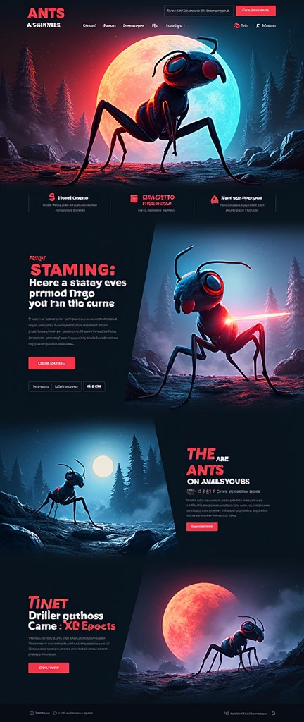 Generate an official website for gaming enterprise brand,reference:dribbble,Behance and other avant-garde web design creativity,High-end typesetting solutions,Advanced typography,Banner picture game font says:The Ants: Underground Kingdom The World's First Ant Strategy Games,Gaming websites,strategy game,Sandbox game style,Realistic style,3DRealistic style