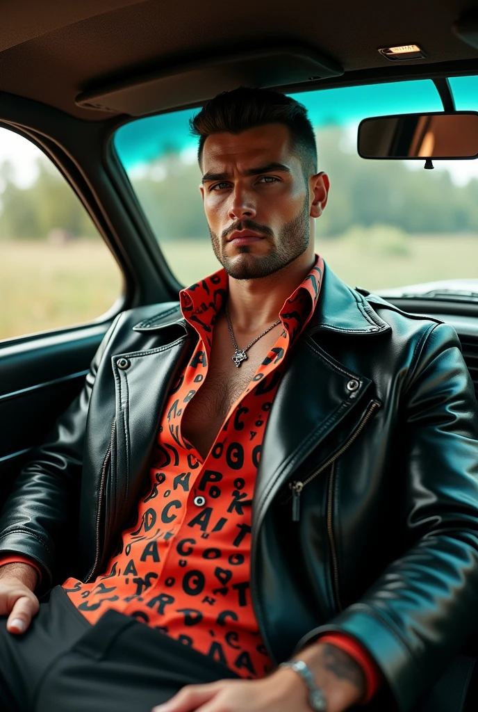 Big giant body builder men wearing black leather jacket on unbuttoned multi colored dress shirt with alphabet prints in corrola car
