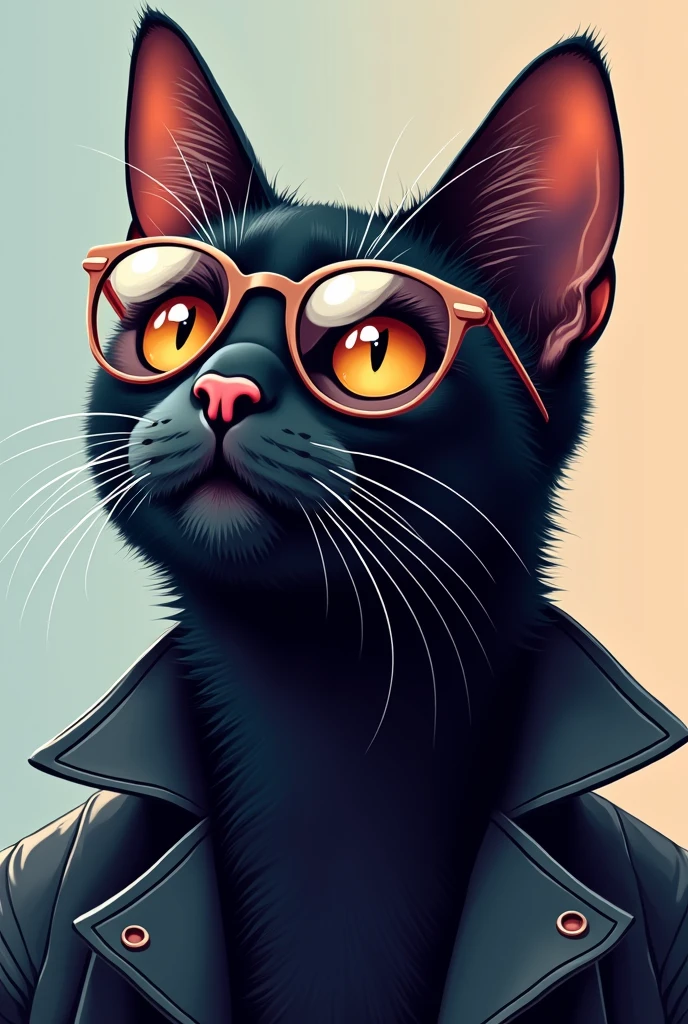 Perfect anatomy black cute cat wearing translucent sunglasses sideways and black leather jacket with cool expression (close up) Background abstract art flat style vector art, Flat vector art uses simplicity in vector art、Pure expression,
Highlight simplicity and clarity of form,Bring simplicity and modernity to your work. Vivid depiction. Perfect artistic design. Accurate and perfect anatomy.