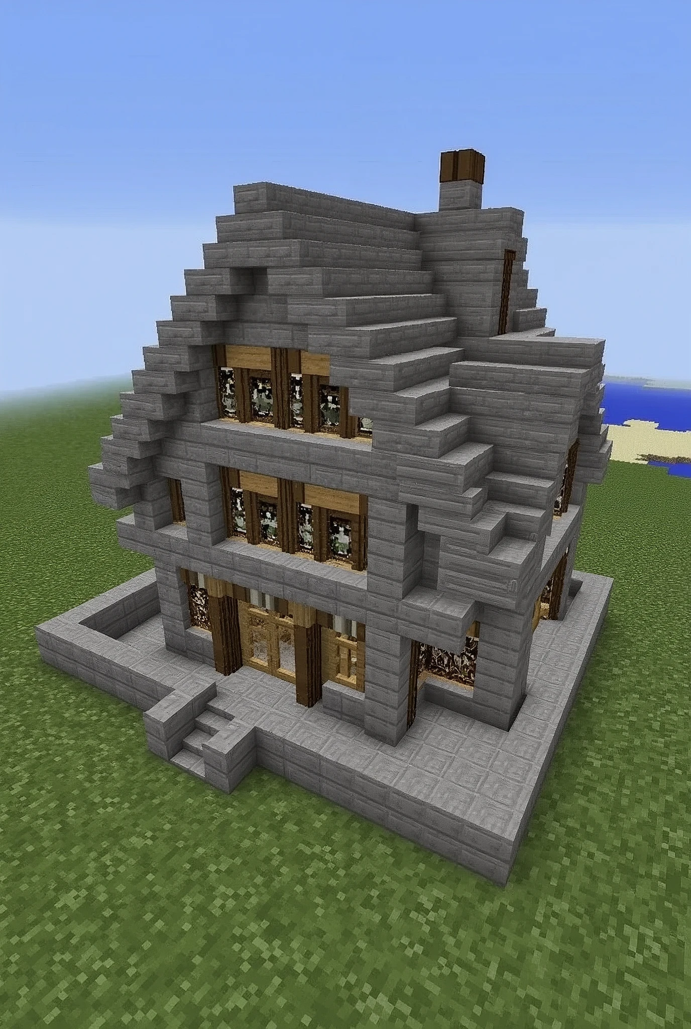 make a minecraft house not too big, but not too small that is 2 floors and with the following materials
gray concrete
white concrete
wood
rock