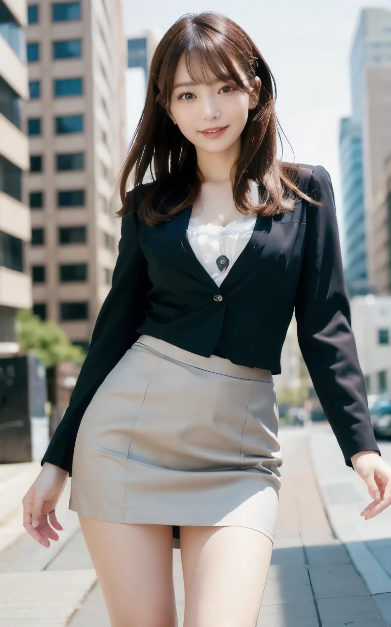 Woman in a suit, big breasts, dark brown hair color, hairstyles with bangs, hairstyles by length, (8k, RAW photo, highest quality, tabletop: 1.2) ), (realistic, realistic: 1.3) , cityscape, daytime, sunny morning, professional lighting, photon mapping, shirt, (woman in suit,) silk suit, pencil skirt, tight skirt, ((delicate photo)), (RAW photo)), (Tabletop: 1.25), (Top quality: 1.6), (High resolution: 1.5), (Real: 1.75), 8K resolution, Canon EOS R5, 50mm, Absurd, Super detailed, Cinema writing, Viewing warning: 1.1, Smile , black tight skirt, (from front: 1.9),