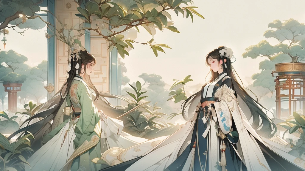 night，A vast expanse of silvery sand amidst the laurel trees，A beautiful and charming woman wearing gorgeous white ancient Chinese costume，Black long hair，Charming black eyes，Standing，Surrounded by laurel trees，The sky is deep blue，Night Sky，