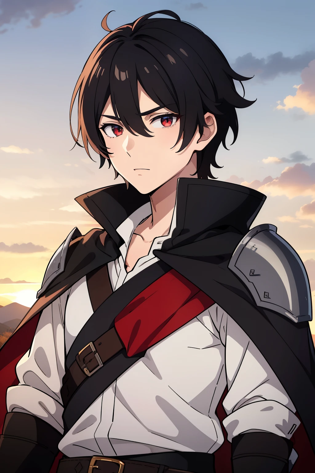 (high-quality, breathtaking),(expressive eyes, perfect face) 1boy, male, solo, young adult, Symmetrical Eyes, portrait, black hair, red eye color, short hair length, messy loose hair, neutral expression, soft smile, white shirt, black cloak red trim, fantasy attire, adventurer profession, sunset sky, summer theme, armor, cape
